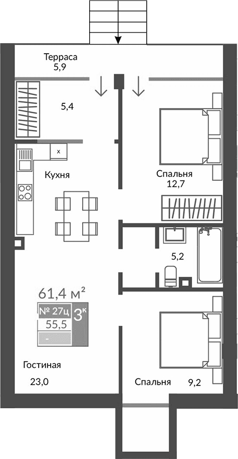 3-комн., 55.5 м²