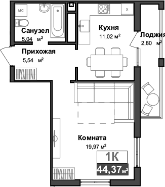 1-комн., 41.57 м²