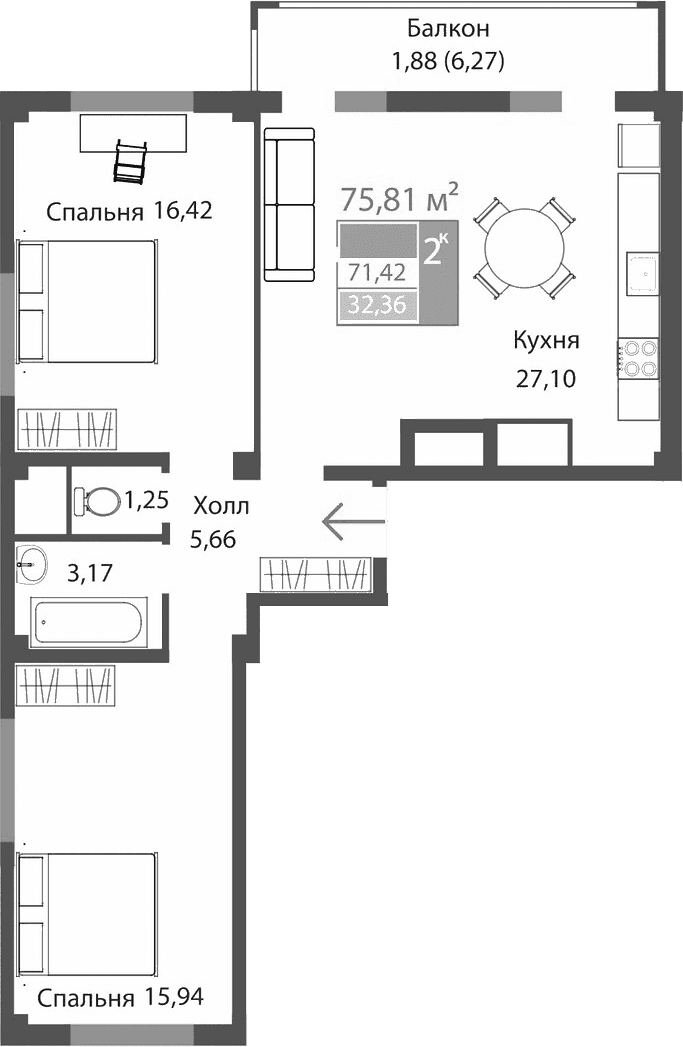 2-комн., 69.54 м²