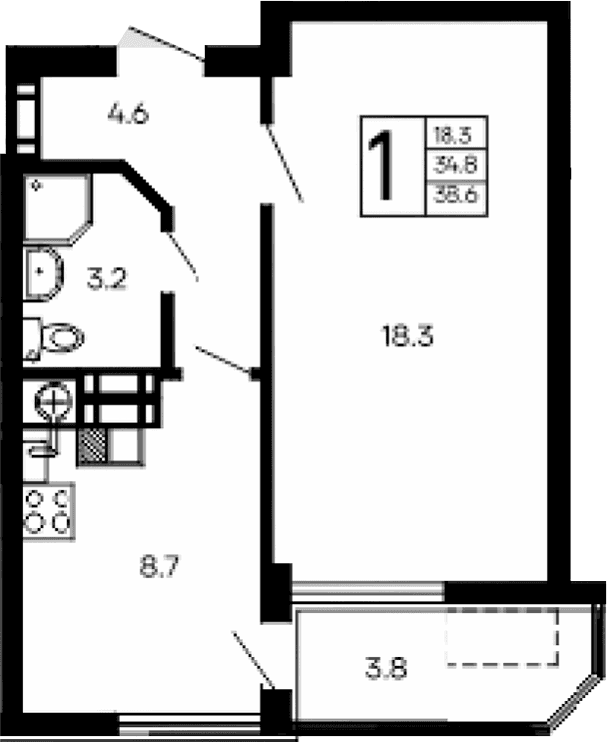 1-комн., 34.8 м²
