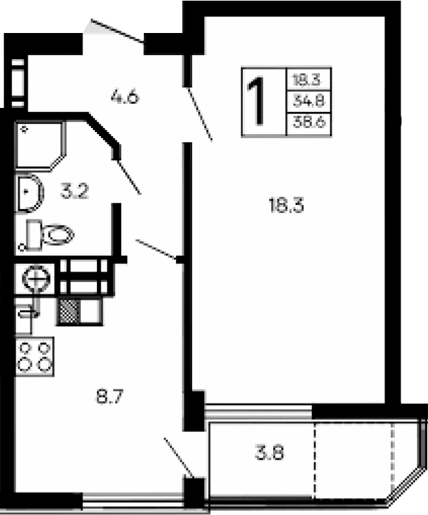 1-комн., 34.8 м²
