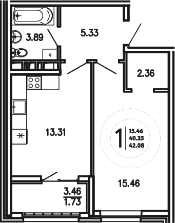 1-комн., 40.35 м²