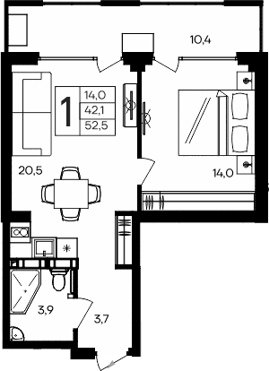 1-комн., 42.1 м²