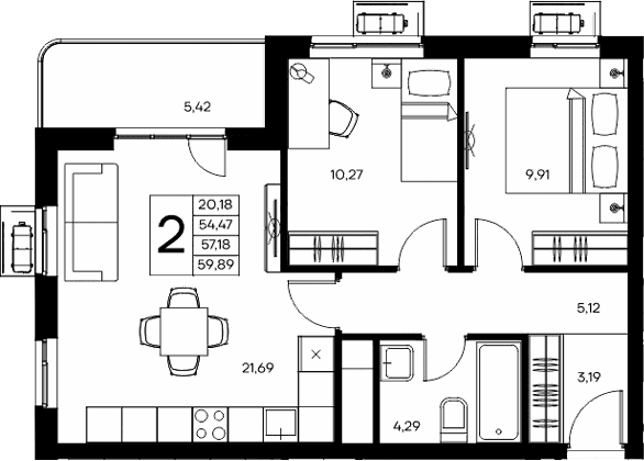 2-комн., 54.47 м²