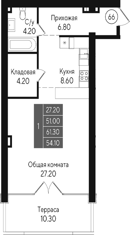 Студия, 51 м²