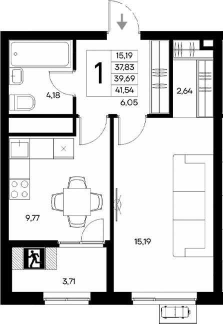 1-комн., 37.83 м²