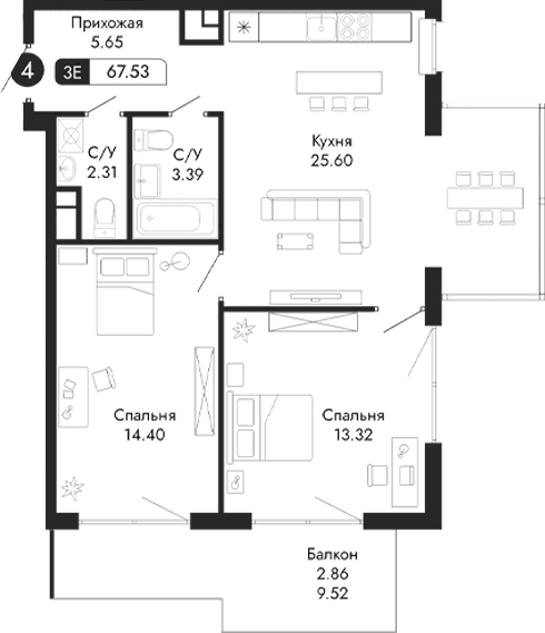 3-комн., 64.67 м²