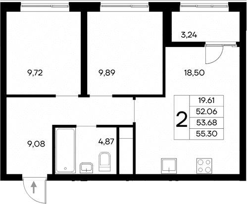 2-комн., 52.06 м²