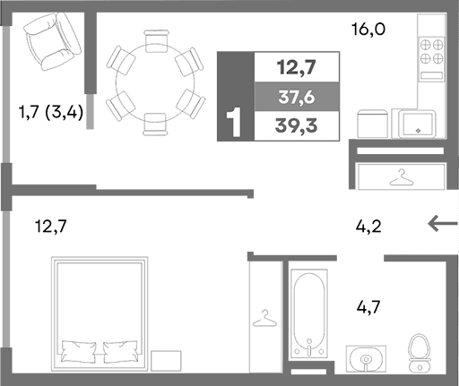 1-комн., 37.6 м²