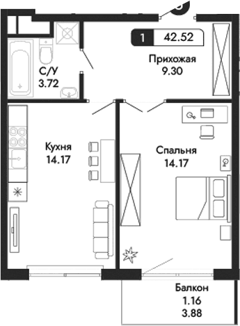 1-комн., 41.36 м²