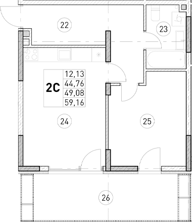 1-комн., 44.76 м²