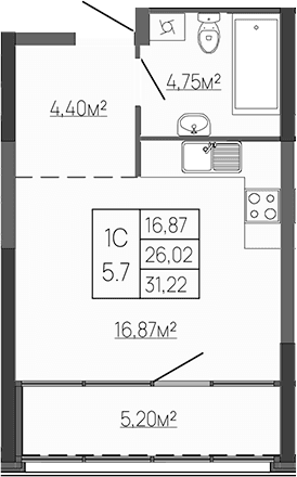 Студия, 26.02 м²