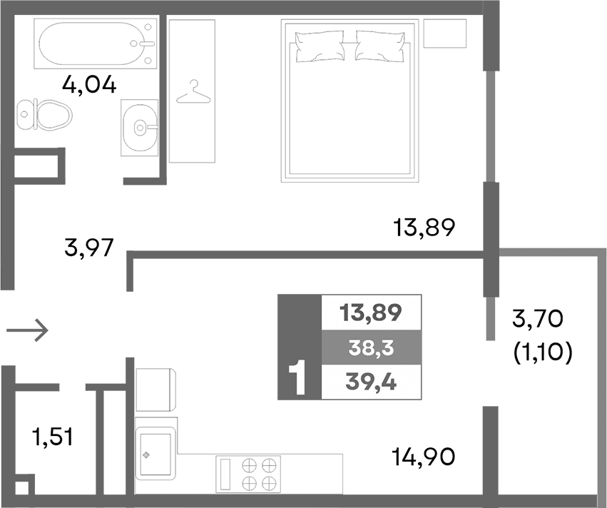 1-комн., 38.31 м²