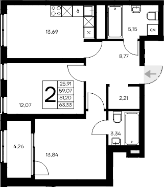 2-комн., 59.07 м²