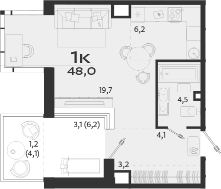 Студия, 37.7 м²