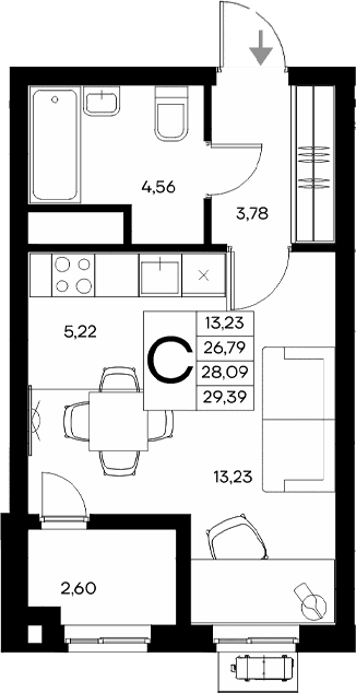 Студия, 26.79 м²