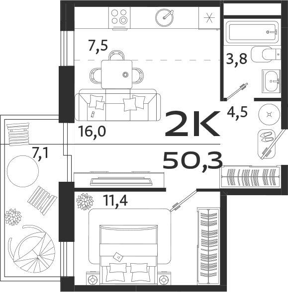 2-комн., 43.2 м²