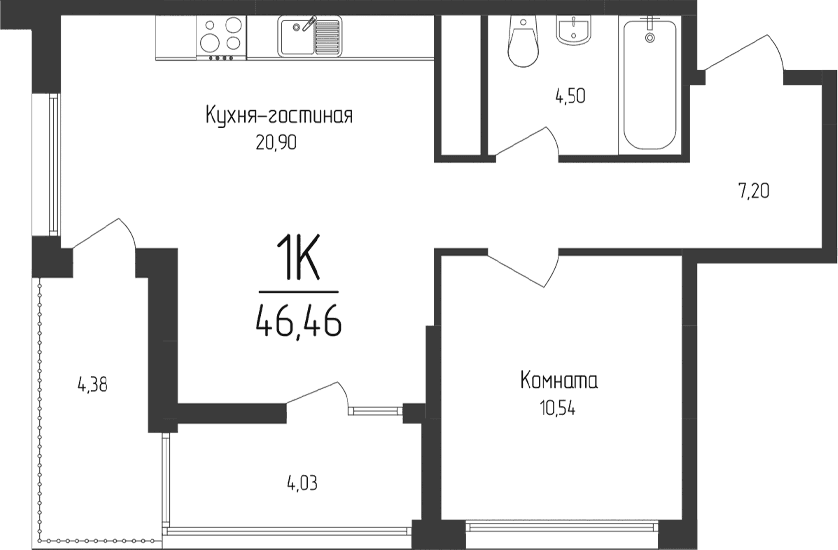 1-комн., 43.13 м²