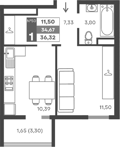 1-комн., 33.02 м²