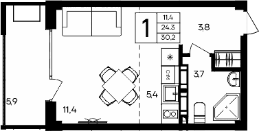 Студия, 24.3 м²