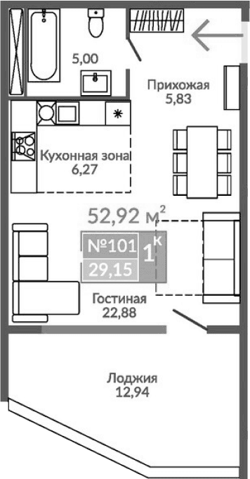 Студия, 39.98 м²