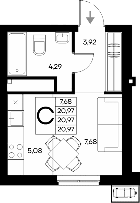 Студия, 20.97 м²