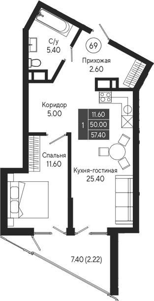 1-комн., 50 м²