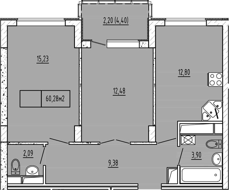 2-комн., 55.88 м²