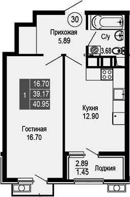 1-комн., 39.17 м²