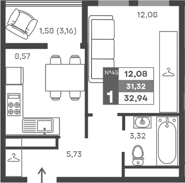 1-комн., 29.74 м²