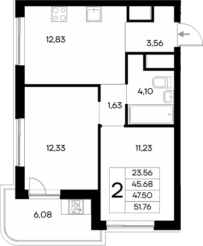 2-комн., 45.68 м²
