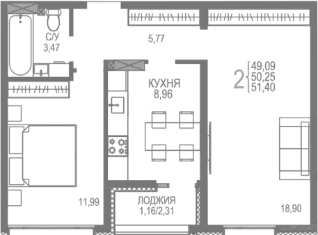 2-комн., 50.24 м²