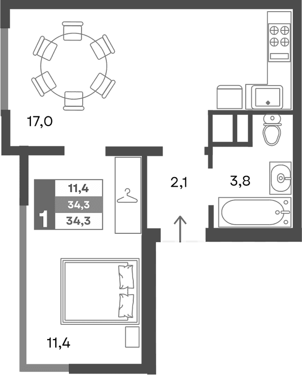2-комн., 34.3 м²