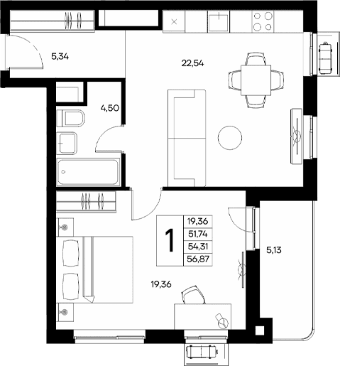 1-комн., 51.74 м²