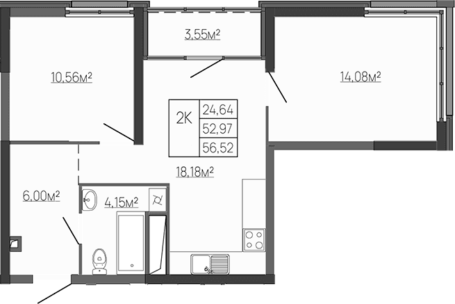 2-комн., 55.43 м²