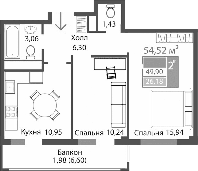 2-комн., 47.92 м²