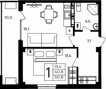 1-комн., 40.8 м²
