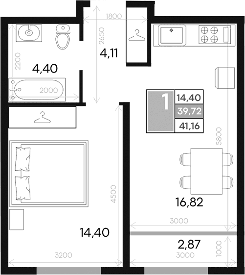 1-комн., 39.72 м²