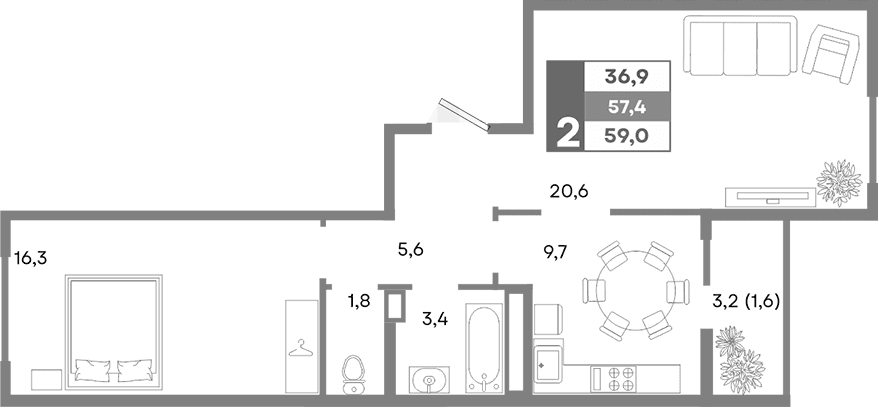 2-комн., 57.4 м²
