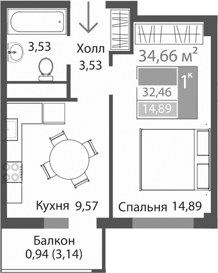 1-комн., 31.52 м²