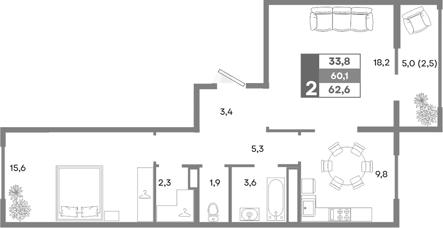 2-комн., 60.1 м²