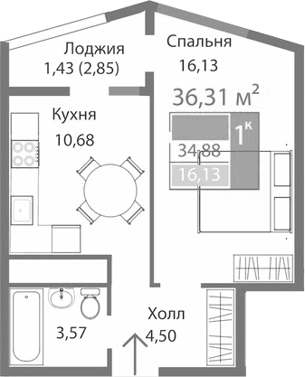 1-комн., 34.88 м²