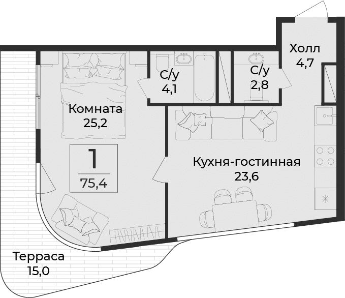 1-комн., 60.4 м²
