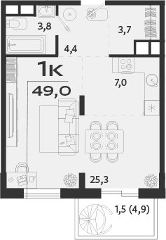 1-комн., 47.5 м²