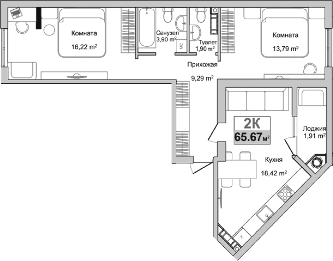 2-комн., 63.76 м²