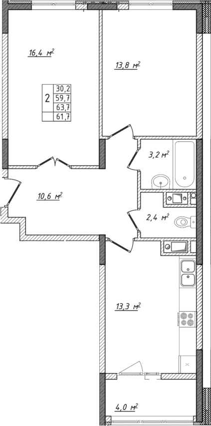 2-комн., 59.7 м²