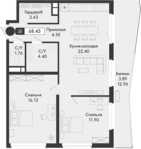 3-комн., 64.56 м²