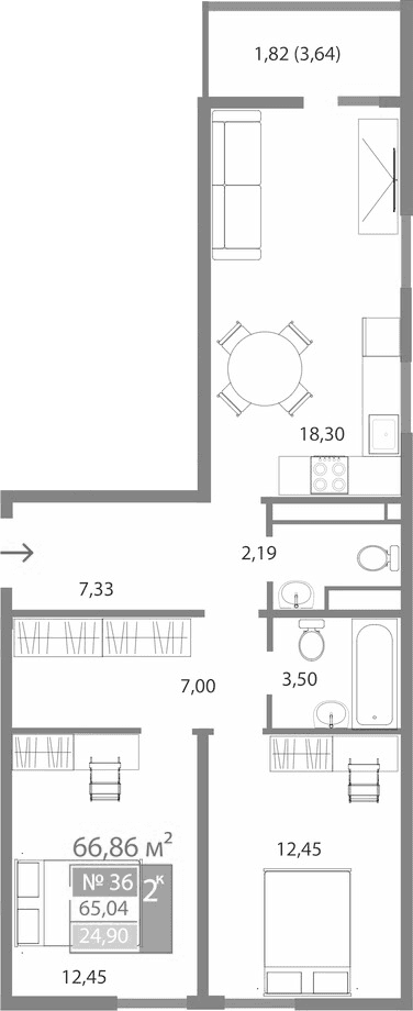 2-комн., 63.22 м²