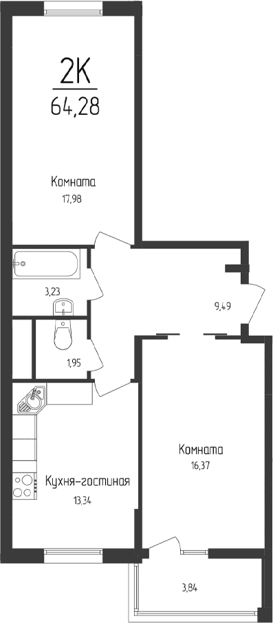 2-комн., 62.36 м²