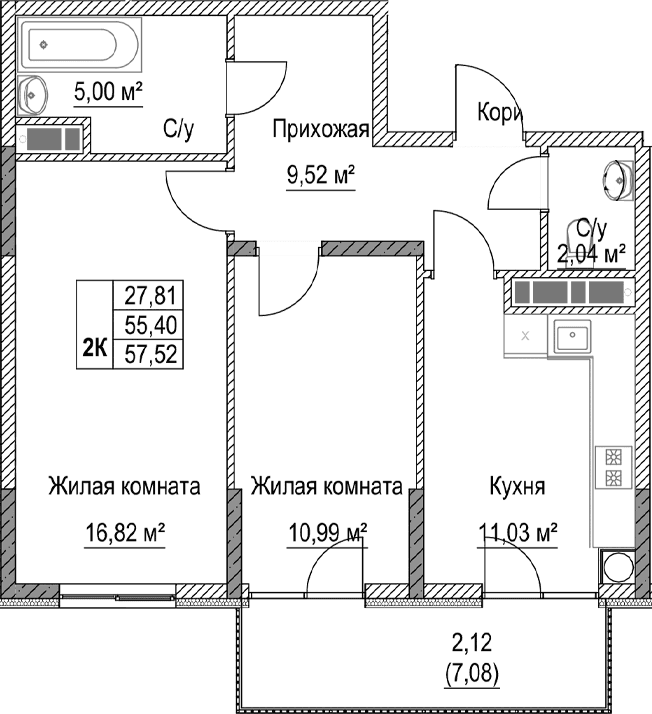 2-комн., 55.4 м²